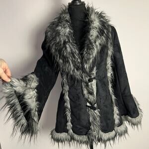 Vintage Y2K Black Faux Suede Coat Gray Faux Fur Trim Toggle Front